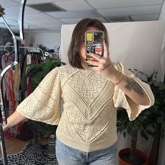 ba&sh Claire Pointelle Bell Sleeve Cotton Eyelet Sweater Off White Size Medium - Picture 4 of 5